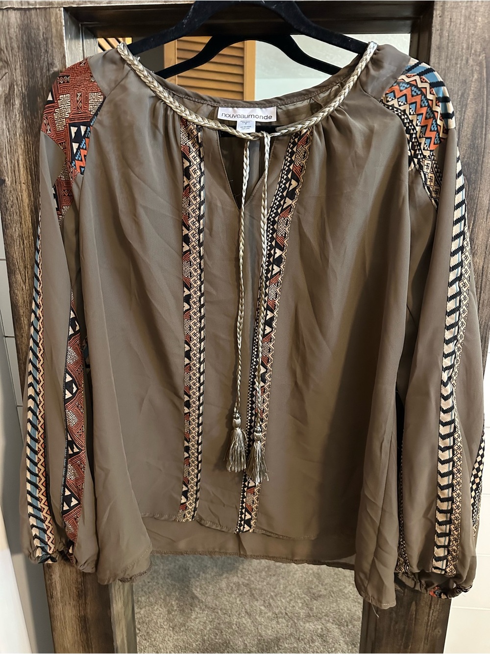 Nouveaumonde Boho Tribal Print Peasant Top Size Small Western Aztec Southwestern